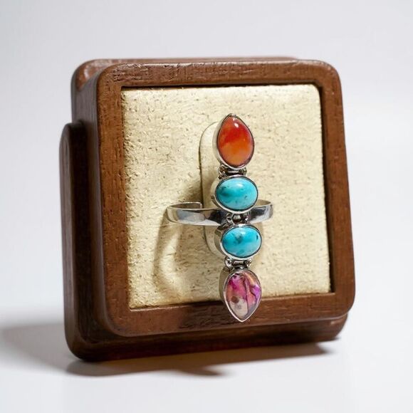 Southwestern Multi Turquoise & Carnelian Sterling Silver Ring Artisan Made Sz 8 - Picture 1 of 6